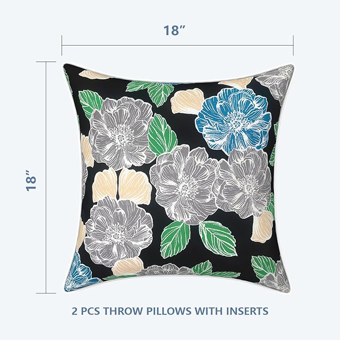 LVTXIII Outdoor Throw Pillows 18x18 Patio Waterproof Square Pillows with Piping Fade Resistant Accent Pillow for Spring Summer Garden Decoration, Set of 2, Peony Garden