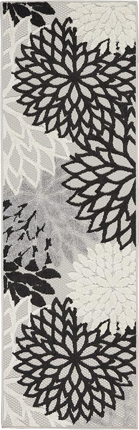 Nourison Home Aloha Indoor/Outdoor Black White 2'3'' x 8' Area-Rug, Tropical, Botanical, Easy-Cleaning, Non Shedding, Bed Room, Living Room, Dining Room, Deck, Backyard, Patio (2x8)