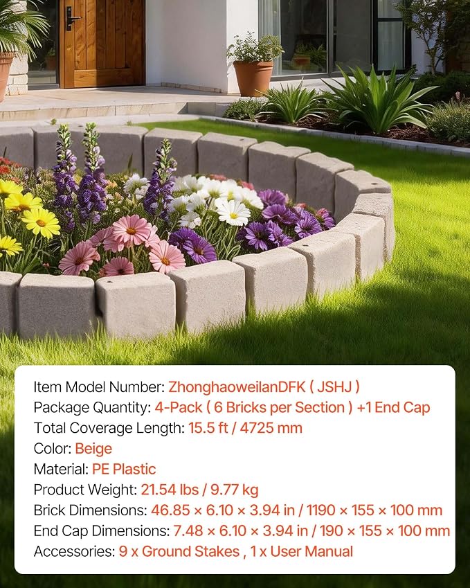 VEVOR Faux Stone Landscape Edging, 15.5 ft Kit, No Dig Garden Edging Border, Blocks for Lawn, Flower Beds, Yards, 4 Pack Each Section Has 6 Bricks 46.85"L x 3.94"W x 6.1"H, 9 Spikes & End Cap, Beige
