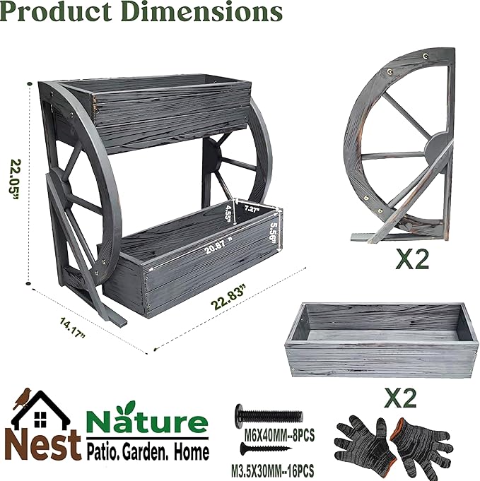 2 Tier Medium Wooden Wagon Planter Box|Outdoor Planter/Flower Pot for Indoor&Outdoor Plants-Rustic Garden Planter for Patio,Porch&Garden Decor-Raised Garden Bed for Succulents,Herbs,Vegetables