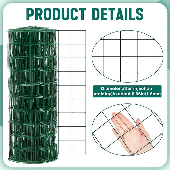 Gisafai 16 Gauge Galvanized Welded Wire Fence 3 ft x 100 ft PVC Coated Hardware Cloth, 2.36" x 2.36" Mesh, Heavy Duty Garden Fencing Roll for Chicken, Dog Yard, Deer Cattle & Animal Protection(Green)