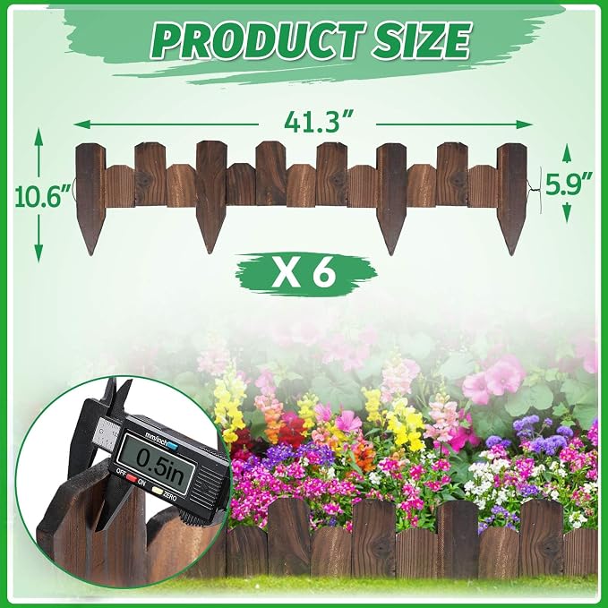 Wooden Garden Edging - 6 Pcs 5.9''x41.3'' Sturdy Pine Landscape Border, Flexible Decorative Fence for Outdoor Yard Lawn Flower Bed Pathway Tree