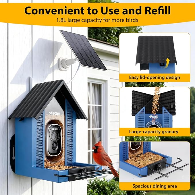 Smart Bird Feeder with Camera 2.5K HD, BOLITE Bird House for Outdoors, AI Auto-Capture & Motion Detection, Weatherproof Camera, Solar Powered, Ideal Gift for Men Women Mom Dad & Bird Lovers, Blue