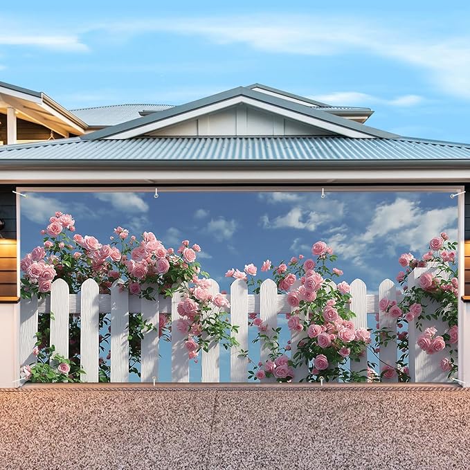 6 * 13FT Summer Garage Door Cover Decorations Rose Garage Door Banner for Outdoor Indoor Summer Party Photography Backdrop