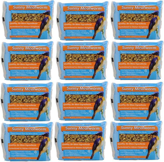 Wildlife Sciences Songbird Treats Seed Bars | 12 Pack of 7 oz Bird Seed Cakes for Wild Birds (Sunny Mealworm)