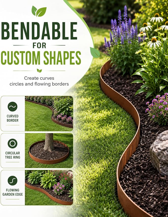 20ft Pre Rusted Cor Ten Steel Landscape Edging 8 in Low Profile Metal Garden Border No Dig Hammer in Lawn Edging Kit with 6 Panels 6 Clamps for Flower Bed Yard Pathway