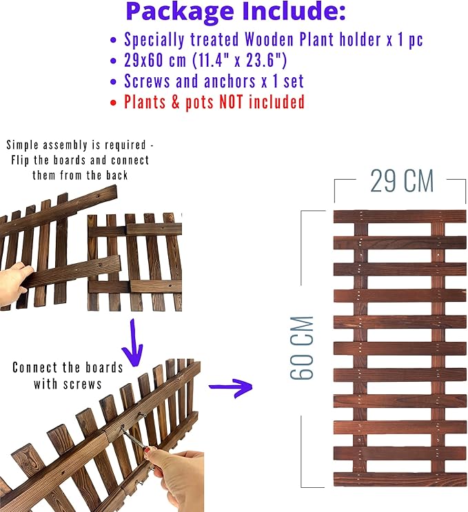 ShopLaLa Bundle- 1 Pack,23.6 Inch Wooden Plant Holder + 10 Pack, 4 Inch Black Self Watering Pot Wall Mount Hanging Indoor Hydroponic Garden Display Live Vertical Air Plant Succulent Frame Modern Decor