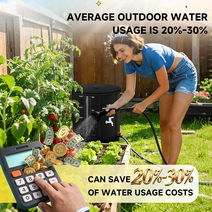 53 Gallon/200L Collapsible RainWater Collection Barrel,Water Tank&Reinforced with 2mm Frame Portable Rain Catcher,Includes Quick-Connect Tap&Sprinkler,Heavy Duty 0.6mm PVC for Long-Lasting Use,Black
