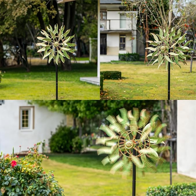Large Wind Spinners Outdoor Metal, 360° Double-Layer Garden Wind Spinners Sculptures, 63" ×13.4", Kinetic Pinwheels for Yard and Garden Patio & Lawn (Green Copper)