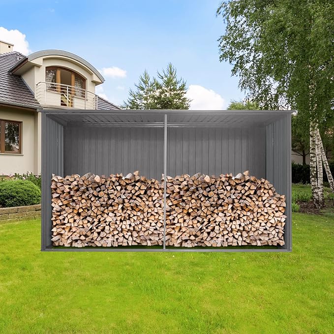 YOPTO 12x14 FT Sheds & Outdoor Storage,Metal Waterproof Firewood Shed with 2 Integrated Punched Vents,2-in-1Heavy-Duty Garden Tool House w/Window & Door,Shelter for Wood,Bicycles,Grey