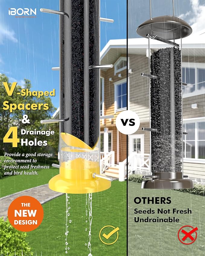 iBorn Finch Feeders for Outside,14 Inch Tube Bird Feeders for Outdoors Hanging,Metal Finch Feeders for Thistle Seed with 12 Small Ports,8 Metal Perches,Yellow,2 Pack