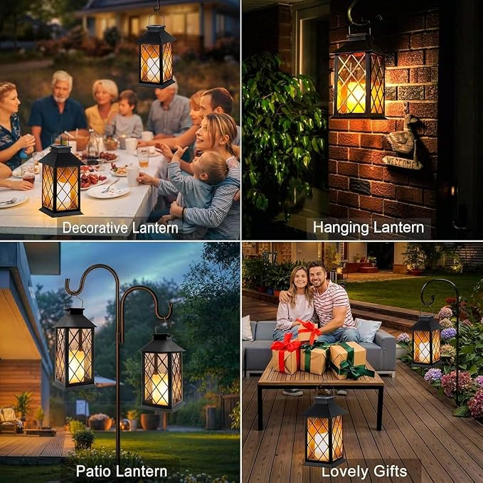 Yowin Solar Lanterns Outdoor Waterproof 2 Pack 14" Large Tempered Glass Hanging Solar Lantern with Flameless Candle, Garden Gifts, Wall Lamp for Backyard Porch Patio Lawn Vintage Decorations - Black