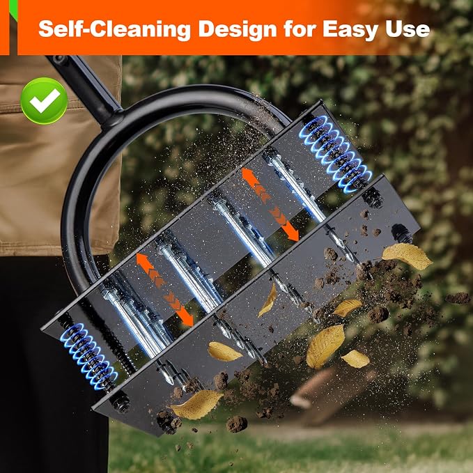 Bluesea Lawn Aerator Tool - 16 Iron Spikes with Ergonomic T-Handle, Automatic Dirt Clean for Soil Loosening & Yard Aeration, Manual Metal Grass Aerator (Green)