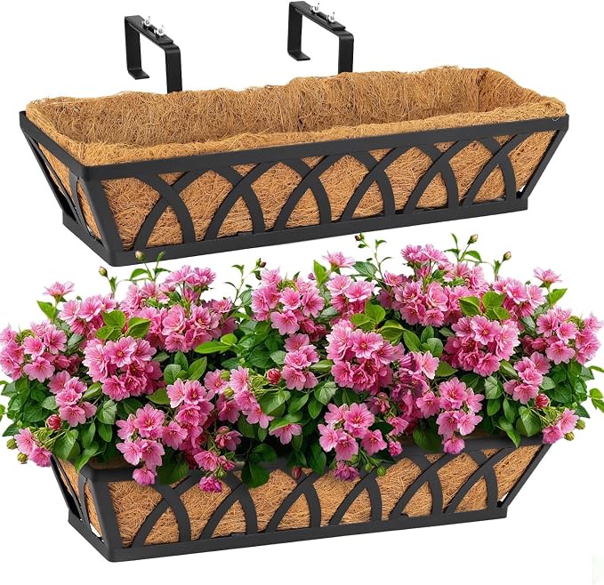 36IN Window Box Railing with Adjustable Brackets, Hanging Flower Planter Basket with Coco Liner for Outdoor Balcony Porch Fence Patio (Black - Set 2)