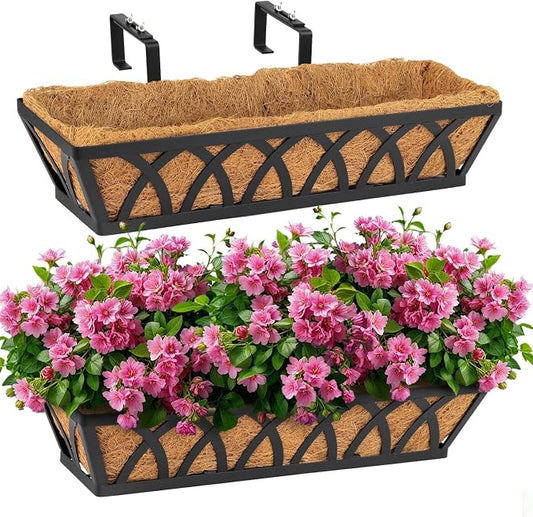 2 Pack 32IN Window Box Railing with Adjustable Brackets, Hanging Flower Planter Basket with Coco Liner for Outdoor Balcony Porch Fence Patio (Black)