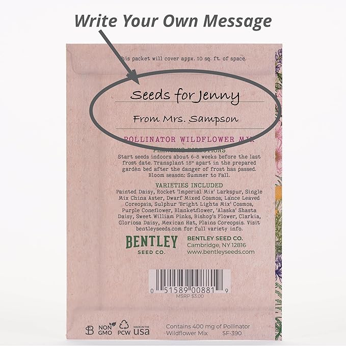 Bentley Seed Co. | The Earth Laughs in Flowers | Beautiful Illustrated Flower Design Art and Quote | Environmental Favor | Pollinator Wildflower Mix Seed Packets | Eco-Friendly Hand Out Gift | 25 Pk