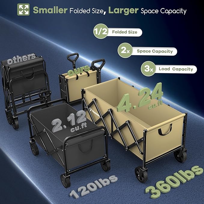 Hikemoon 34'' Extra Long Collapsible Wagons Carts Foldable, 360LBS Heavy Duty Folding Beach Wagon with Wheels, Portable Utility Outdoor Cart for Grocery, Garden, Sports, Camping, Khaki