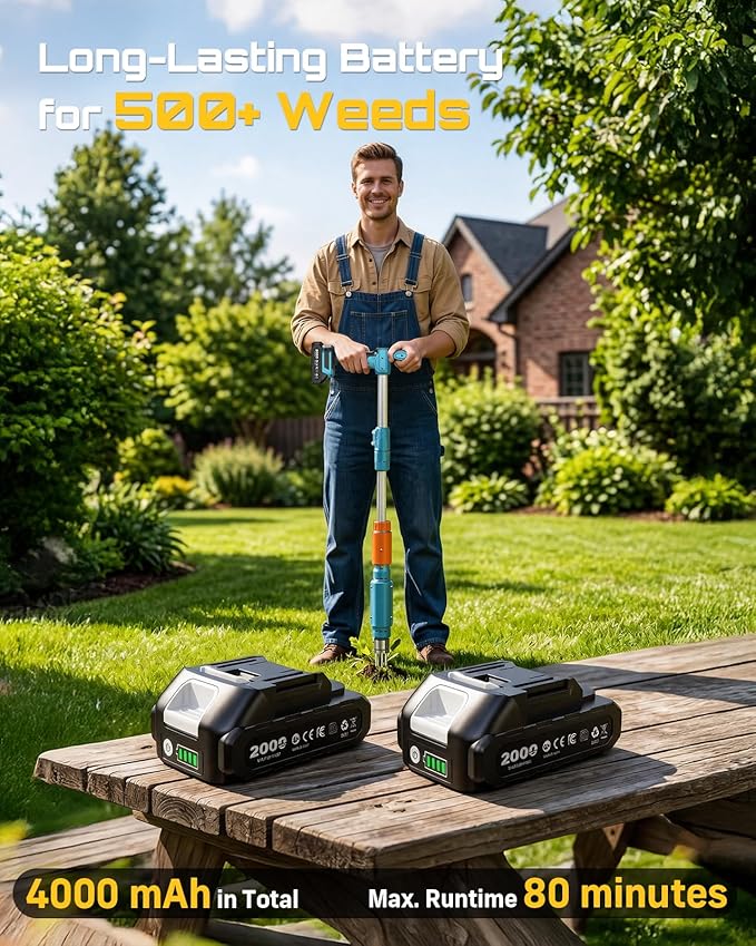 2026 Upgraded Electric Weed Puller Tool, 20V Battery Powered Stand Up Weeder with 2x2.0Ah, Adjustable Handle, 3-Claw Steel Head, Crabgrass Puller for Garden, Great Gift for Mom Dad Grandma Grandpa