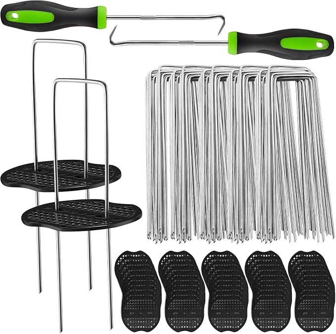 602 Pcs Landscape Staples Set 300Pcs 6 Inch Anti Rust Garden Stakes U Shaped Galvanized Garden Staple Landscaping Fabric Sod Pin with 300 Pcs Gasket 2 Pcs Pick Hook for Gardening Weed Barrier (Silver)
