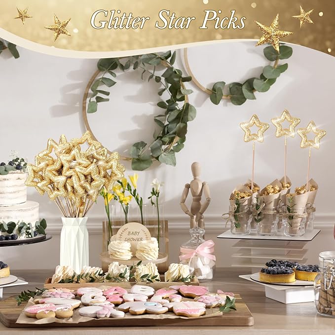 BrightRow 60 Pcs Golden Star Picks for Table Decorations Centerpieces 9.8" Glitter Sparkly Foam Stems Sticks for Floral Arrangements Graduation Baby Shower Party Wedding Supplies(Hollow Star)