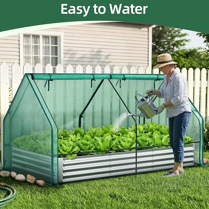 Ohuhu Raised Garden Bed with Cover Outdoor, 8x4x1 FT Galvanized Metal Planter Box with PE Greenhouse Cover, 4 Doors for Ventilation, 3-in-1 Gardening Set for Vegetable Flower Herb Succulent