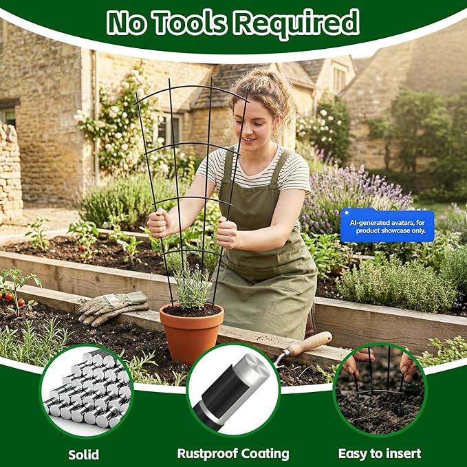 Thealyn 4 Pack 32" Metal Plant Trellis for Pots & Garden Beds, Rustproof Support for Indoor Outdoor Climbing Plants, Vines, Flowers, Fan Shaped, Black