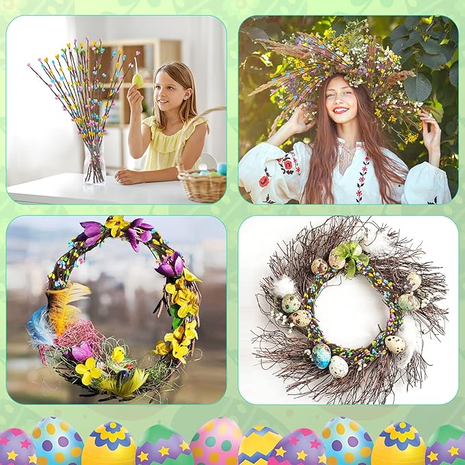 Juinte 15 Packs Easter Berry Garland Artificial Sprays Wire Spring Pip Berry Decorative Garland Picks Floral Pip Picks Stems for Easter Crafts Floral Arrangement Wreath Making