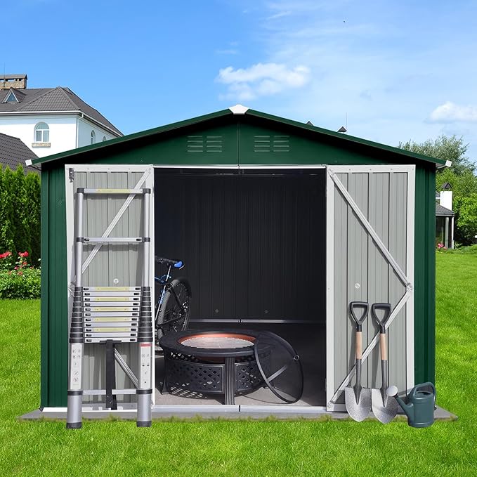 10x8 FT Garden Metal Sheds with Waterproof Roofs and Lockable Doors,Outdoor Storage Tool House W/Durable Frame,Backyard Office Shed,for Bike,Barbeque,Green+ White