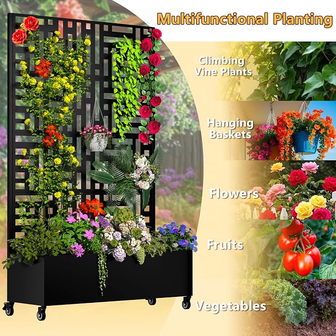 MTART Metal Planter Box with Trellis, 72.1"x47.2"x16" Outdoor Galvanized Raised Garden Bed with Privacy Screen & Drainage Holes & Lockable Casters for Climbing Plants, Vegetable (Street-Black1)