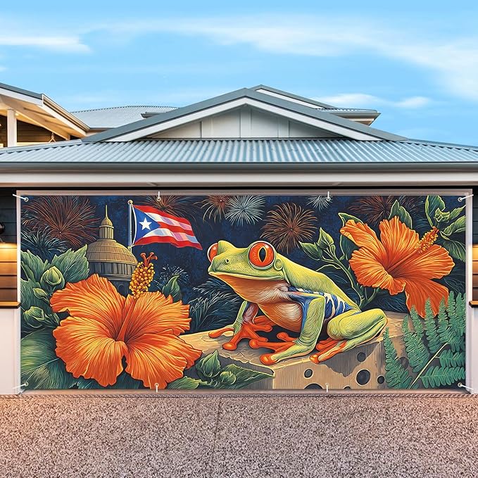 6 * 13FT Summer Puerto Rico Garage Door Cover Decorations Sunset Palm Trees Garage Door Banner for Outdoor Indoor Summer Party Photography Backdrop