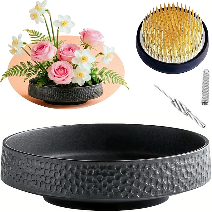 Japanese Ikebana Vase Kit Flower Frog Japanese Flower Arranging Supplies Flower Container with Needle Straightening Tool & Kenzan - 2.4inch Floral Frog (Ikebana Bowl - Hammering Pattern)