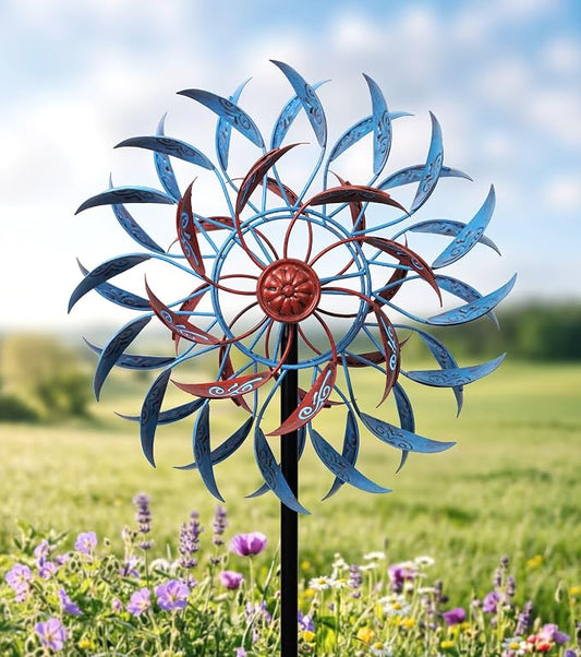4 Layer Wind Spinner Metal Vine Scroll Kinetic Garden Yard Art Decor | Hand-Crafted Art, 4-layer vine scroll metal spinner, Whisper-quiet dual rotation, Adjustable height stake
