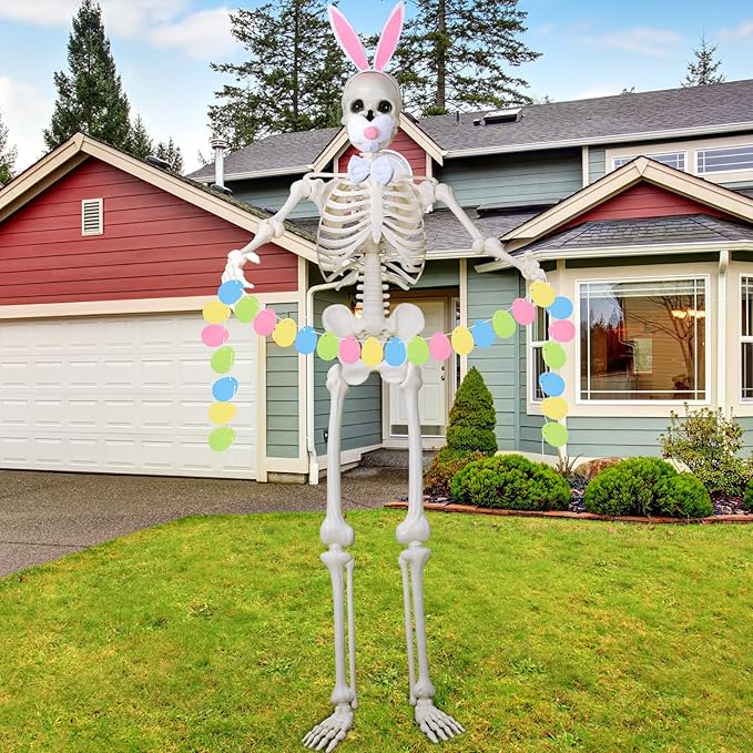 Suzile 4 Pcs 12 ft Skeleton Easter Bunny Accessories Extra Large Easter Headband Bunny Nose Bowtie Decoration Egg Garland for 12 ft Skeleton Outfit Garden Lawn Spring Outdoor Decor