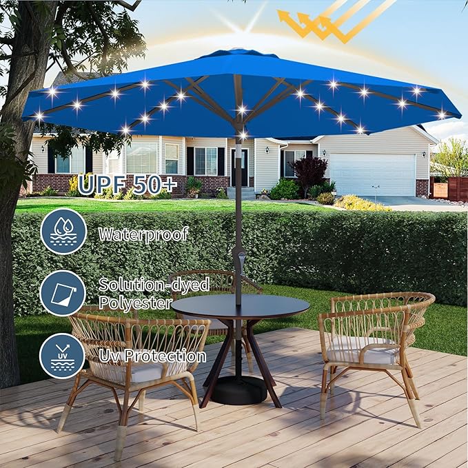 9FT Patio Umbrella with Solar Lights,Outdoor Market Umbrella with Tilt and Crank, LED Lighted Table Umbrella for Garden,Deck,Backyard,Pool,Beach