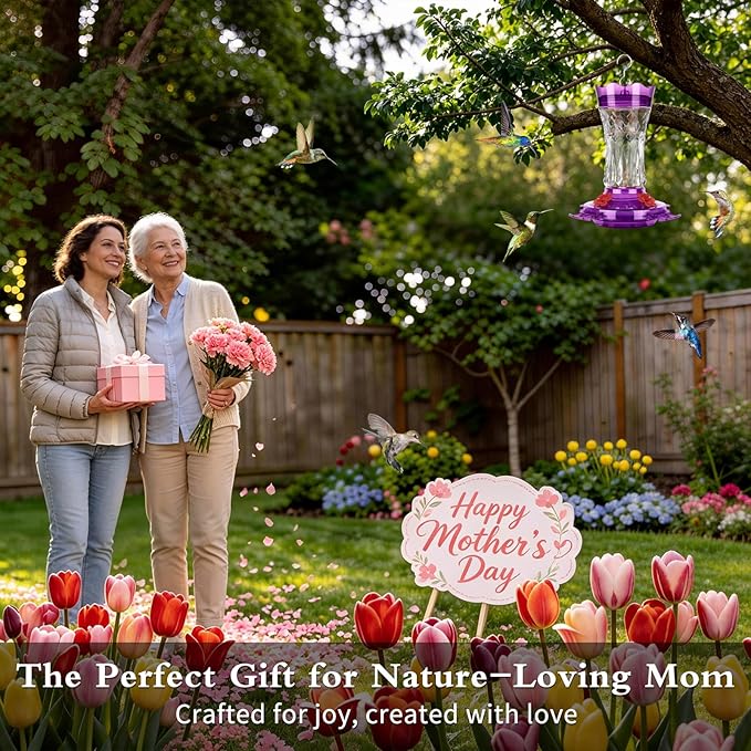 BOLITE Glass Hummingbird Feeders for Outdoors Hanging, Built-in Ant Moat, 4 Bee Guard Feeding Ports with Perches, Leak Proof, 15 Ounces, Stars Decor, Purple, Gifts for Women Men, Gifts for Mom Dad