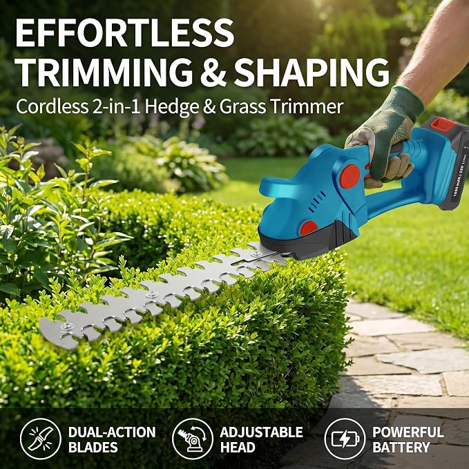 Electric Cordless Hedge Trimmer, 21V Rechargeable Shrub Trimmer Grass Shears, Dual-Blade Handheld Grass Cutter, Hedge Shear with 2 PCS Rechargeable Battery and Charger for Garden/Lawn (Blue)