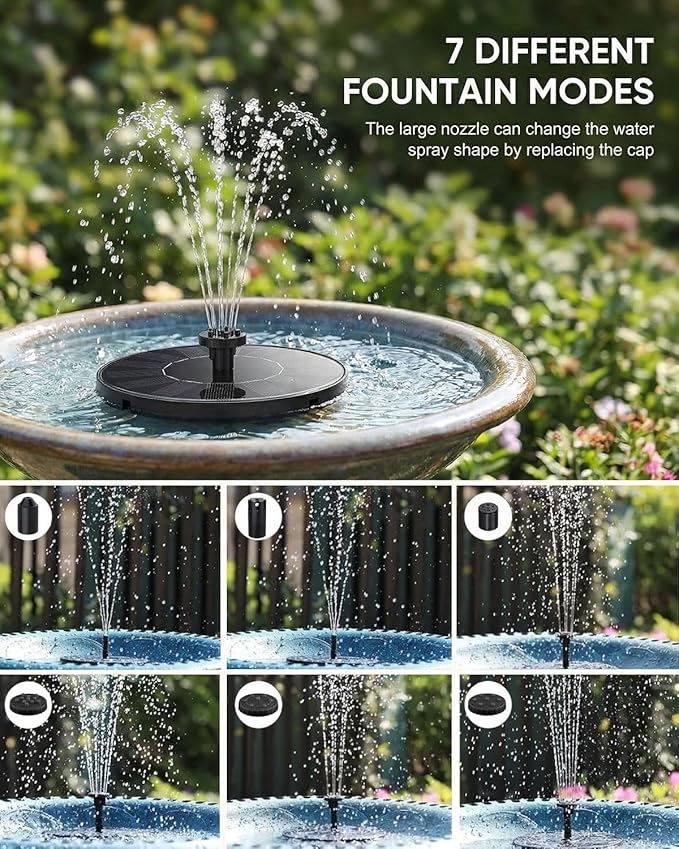 Solar Bird Bath Fountains, 2026 Upgraded 1.4W Solar Fountain Pump with 7 Nozzles, Free Standing Floating Solar Powered Water Pump Fountain for Bird Bath, Garden, Pond, Pool, Outdoor (6.3in)