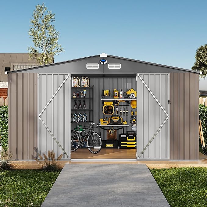 Garvee 10x12 ft Heavy-Duty Metal Storage Shed with Lockable Door & Windows - Galvanized Steel Outdoor Utility Shed with Sloped Roof for Backyard, Garden, Garage, and Patio, Brown