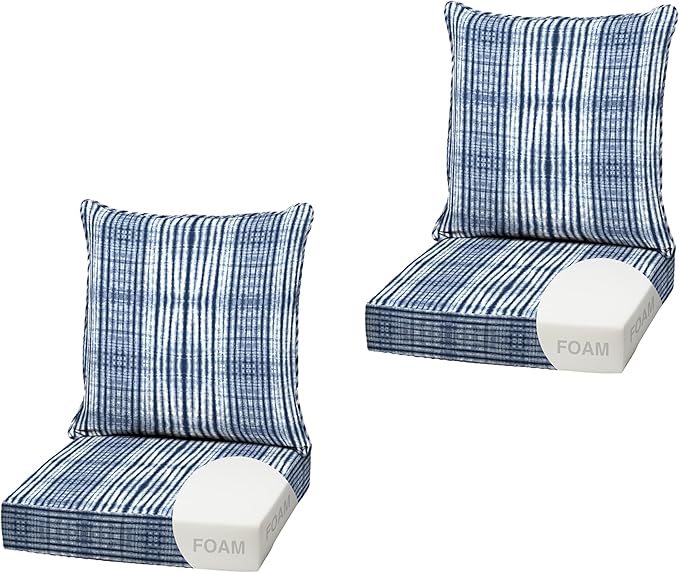 Arden Outdoor Foam Deep Seat Cushion (2-Pack), 22x24, Premium High-Density Foam, Never Flattens, Weather-Proof for Patio Chair Sofa Couch, Blue Shibori Stripe
