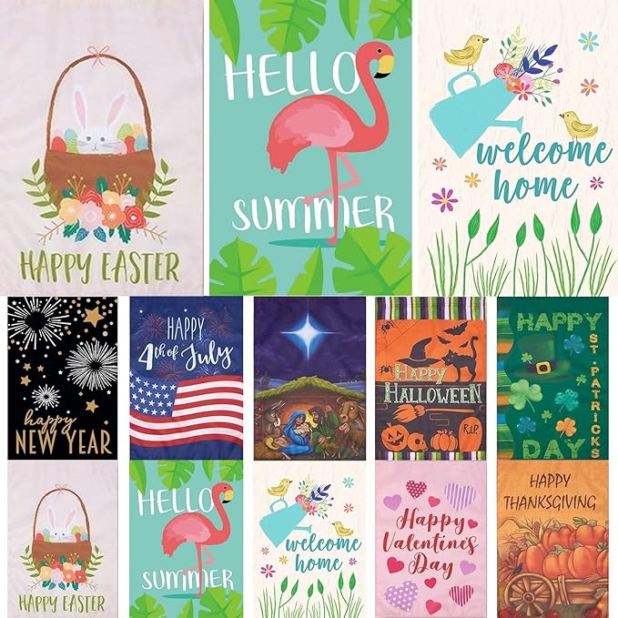 Garden Flags Multi Pack for Outside - 12 x 18 In, Multicolor Polyester, 10-Pack - Outdoor Decorative & Religious Seasonal Welcome Garden Flag Set
