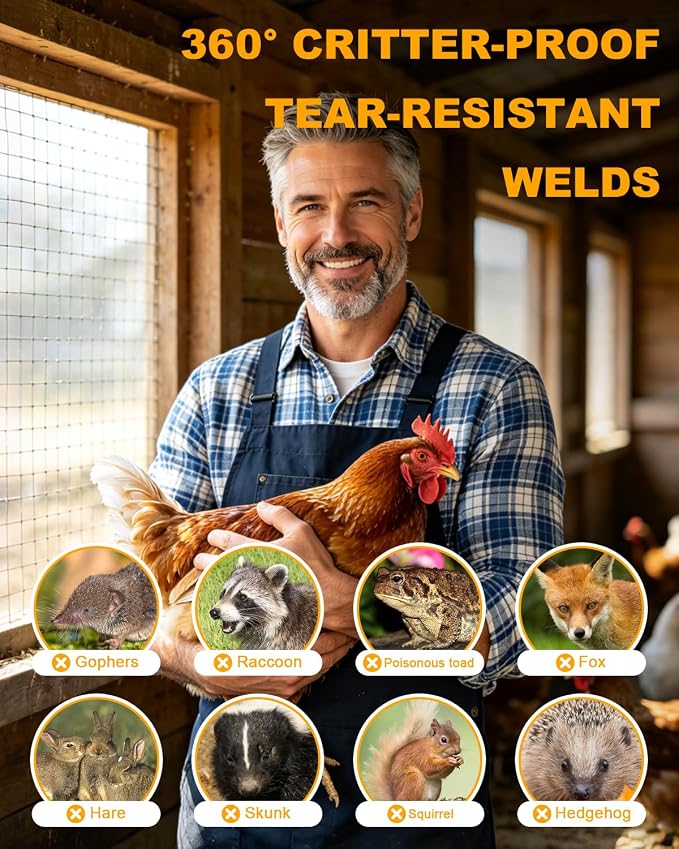 16in x 50Ft Hardware Cloth Hot-Dip Galvanized Welded Chicken Wire Fencing - Heavy Duty 23 Gauge Wire Mesh for Garden, Chicken Coop, Rabbit Cage, Rodent, Poultry Enclosures & Predator Protection