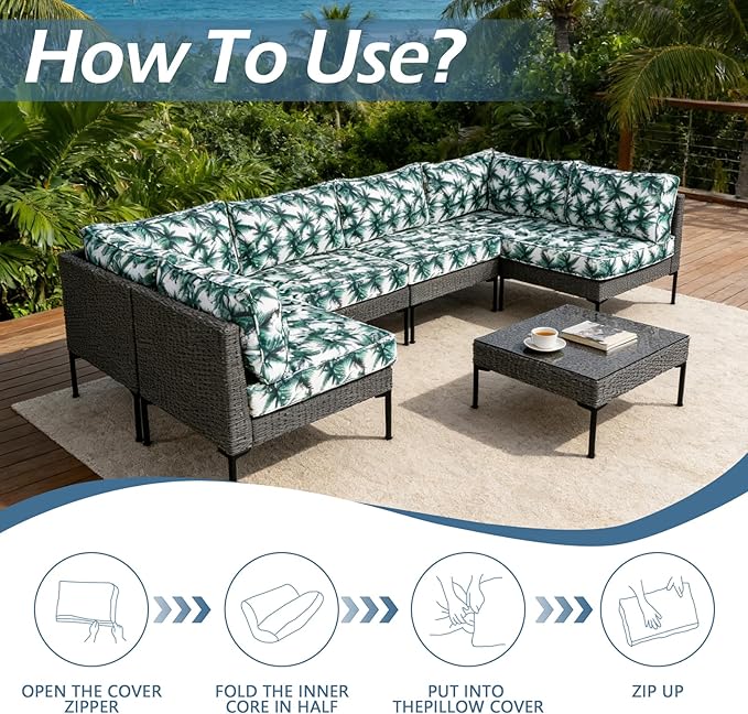 14Pcs Patio Cushion Covers Replacement Splashproof UV-Resistant Inelastic Covers with Zippers, Max Compatible 24.8x24.8x3.54inch Patio Cushion, for 7 Pcs Outdoor Patio Furniture Sets