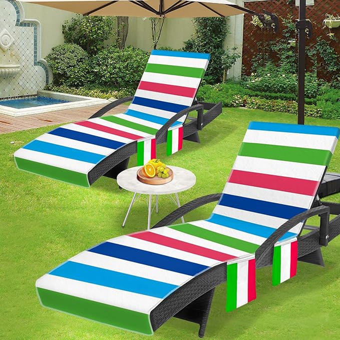2-Pack Lounger Towel Cover with 3 Pockets, Chaise Durable Horizontal Striped Cover for Pool, Beach, Garden & Outdoor Use, 85x30 Inch, Blue Green Red Design