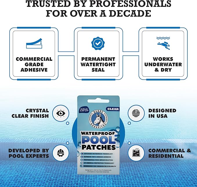 Burro Adhesives 10-Pack Waterproof Clear Pool Tape Patches - Professional Grade PVC Repair Kit with 2.75" x 4" Heavy Duty Patches for Commercial & Residential Vinyl Pools, Works Underwater & Dry