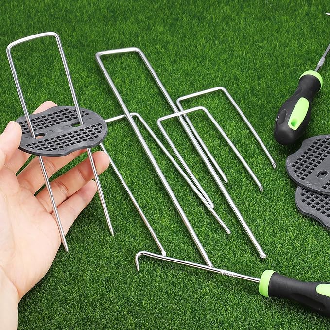 uxcell 50Pcs Garden Stakes, 8 Inch 11 Gauge Galvanized Landscape Staples U-Type Turf Stake Sod Pin Plant Stakes with Gasket&Hook for Landscaping Securing Weed Barrier Fabric, Silver