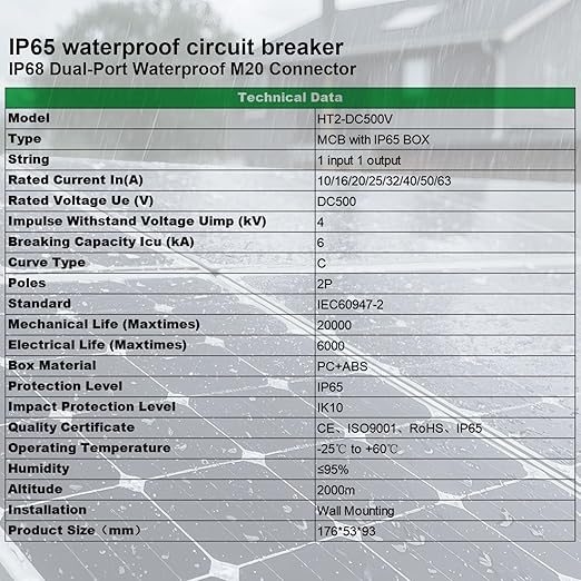 63 Amp Solar Disconnect Switch DC500V Circuit Breaker AC 120V/240V Disconnect Box Outdoor IP65 Waterproof