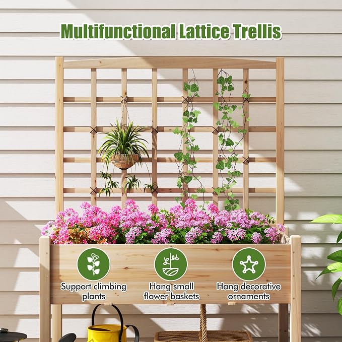 HAPPYGRILL Raised Garden Bed with Lattice Trellis, 4 Drainage Holes, Wooden Elevated Planter Box with Legs for Climbing Vine, Hanging Small Flower Baskets, Outdoor Gardening Planter for Patio Balcony