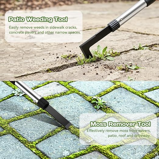 3 Pack Weed Remover Tool Manual Weeders Set, Hand Held Weed Puller Crack Weeder Tool Moss Scraper Combo with 16" Handle, Heavy Duty Weeding Tool for Block Paving Sidewalk Patio Garden Flower Bed