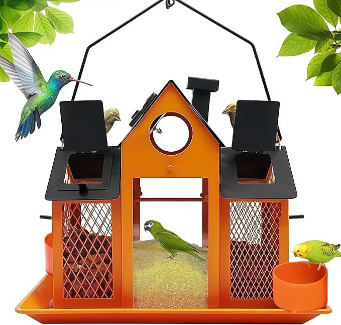 Solar Bird Feeders House for Outside Hanging, Metal Wild Bird Feeder for Outdoors Large Capacity Cardinal Birdfeeder Birdhouses Metal Bird Feeding Station Orange