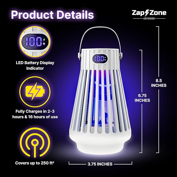 Zap Zone Defender Bug Zapper Outdoor Indoor, Rechargeable Mosquito Zapper with UV Light USB-C Electric Insect Trap Mosquito Repellent Outdoor Patio Camping Traps 3 Modes IPX5 Water Resistant Lantern